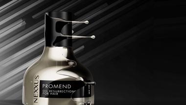 Nexxus Promend ヘアトリートメントのゴールドボトルの上半分の画像。